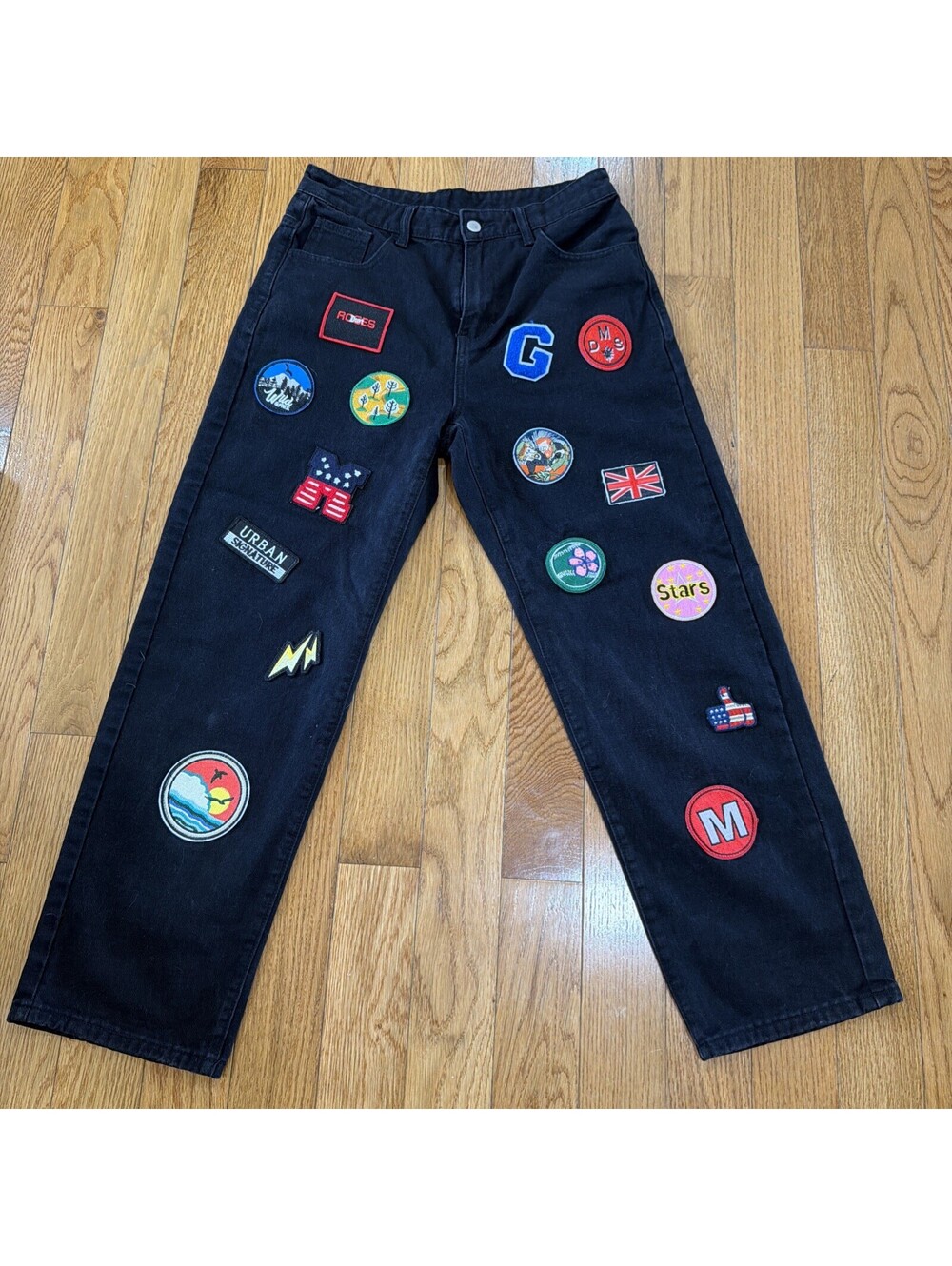 Size M Custom Patchwork Black Jeans Straight Leg Y2K Streetwear Festival Pants - Picture 3 of 5